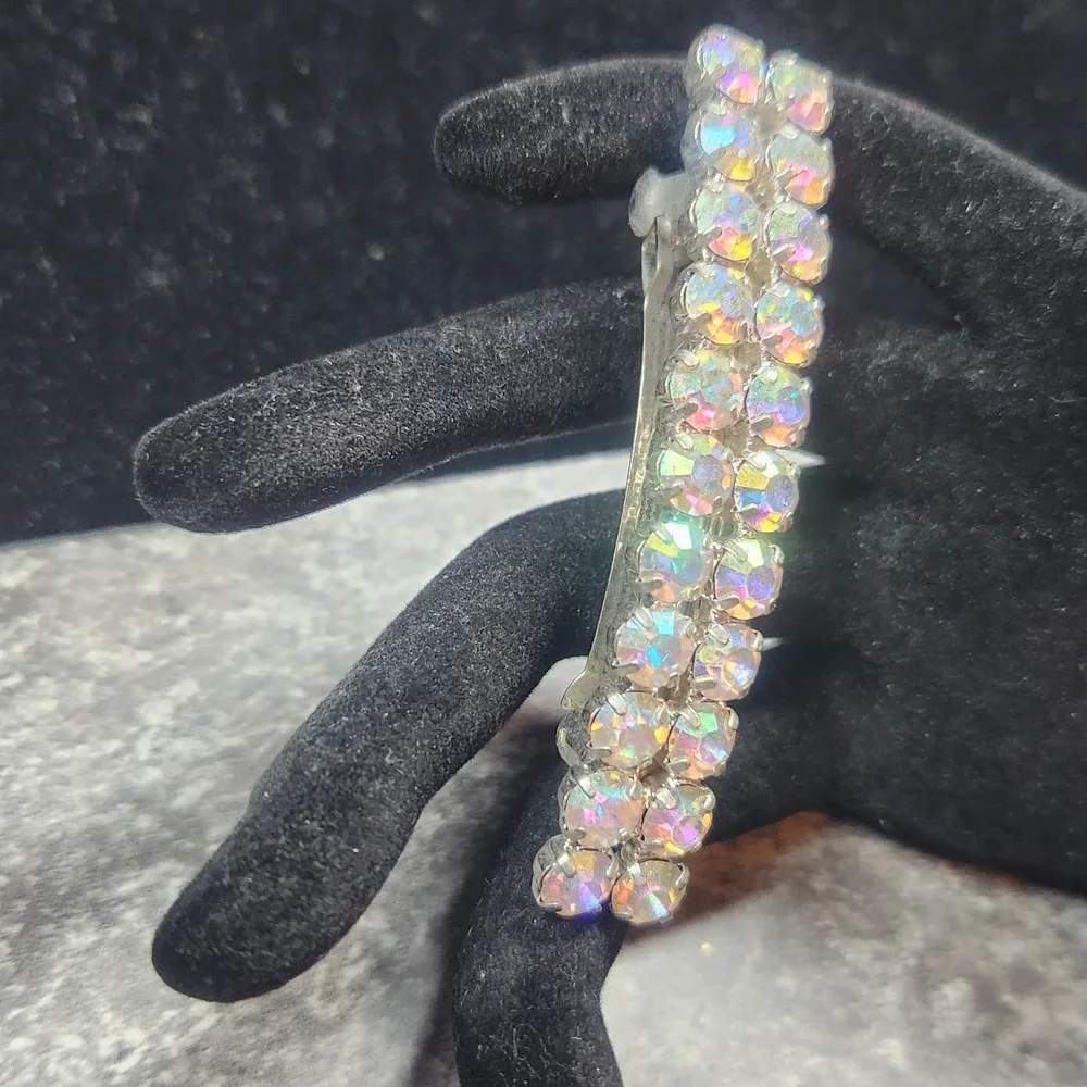 Vintage Aurora Borealis AB Rhinestone Double Row Hair Barrette Silver Tone Clip